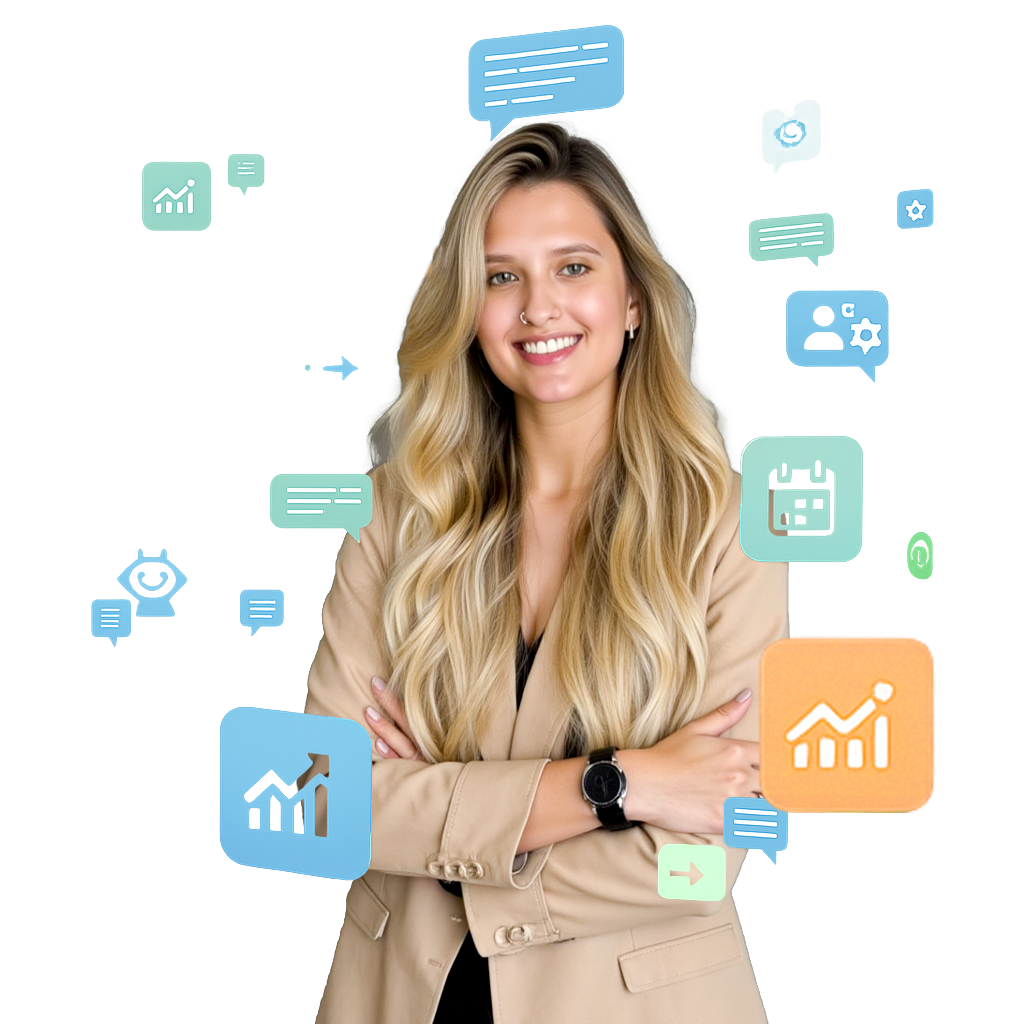 Mulher sorrindo com ícones de WhatsApp e balões de conversa flutuantes